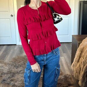 Ann Taylor Red Ruffle Tiered Cardigan Soft Preppy Chic Coquette Romantic Size S